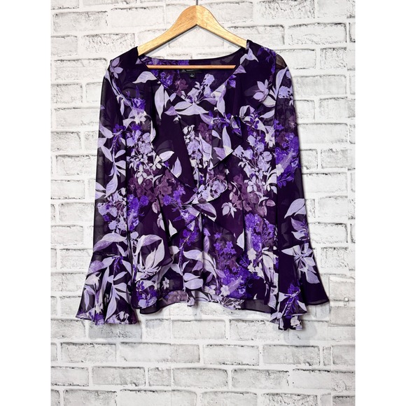INC International Concepts Floral Print Ruffle V-Neck Long Sleeve Top Purple L - Picture 1 of 7